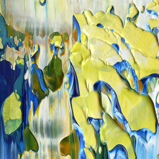 Big Bangs, Blue Lids C1 is an abstract oil-on-canvas artwork, a fractal of its parent painting Big Bangs, Blue Lids created by Anna Judd for the Scales Collection.