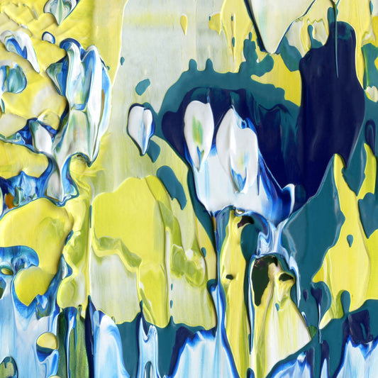 Big Bangs, Blue Lids C2 is an abstract oil-on-canvas artwork, a fractal of its parent painting Big Bangs, Blue Lids created by Anna Judd for the Scales Collection.