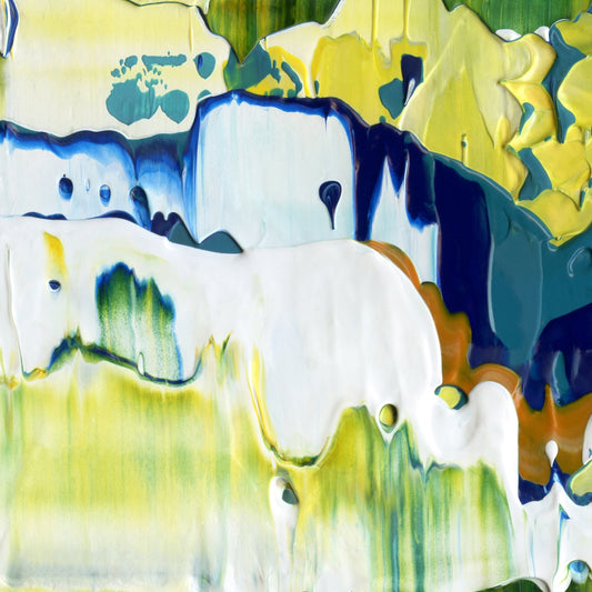 Big Bangs, Blue Lids C4 is an abstract oil-on-canvas artwork, a fractal of its parent painting Big Bangs, Blue Lids created by Anna Judd for the Scales Collection.