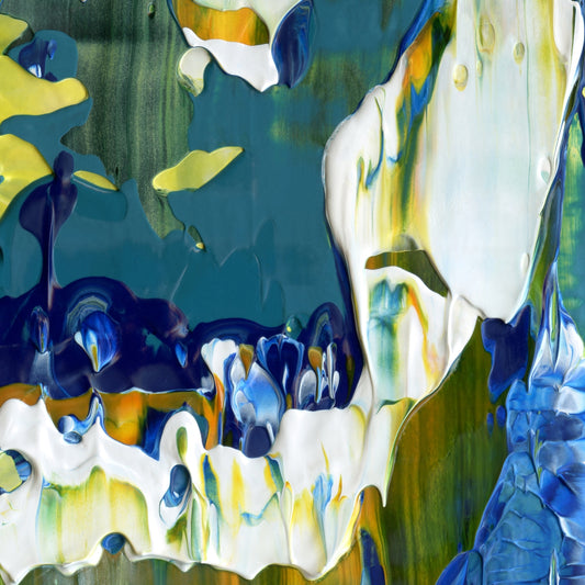 Big Bangs, Blue Lids C5 is an abstract oil-on-canvas artwork, a fractal of its parent painting Big Bangs, Blue Lids created by Anna Judd for the Scales Collection.