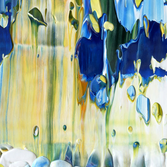Big Bangs, Blue Lids D1 is an abstract oil-on-canvas artwork, a fractal of its parent painting Big Bangs, Blue Lids created by Anna Judd for the Scales Collection.