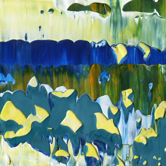 Big Bangs, Blue Lids D4 is an abstract oil-on-canvas artwork, a fractal of its parent painting Big Bangs, Blue Lids created by Anna Judd for the Scales Collection.