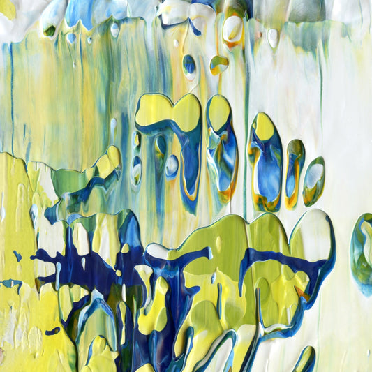Big Bangs, Blue Lids E1 is an abstract oil-on-canvas artwork, a fractal of its parent painting Big Bangs, Blue Lids created by Anna Judd for the Scales Collection.