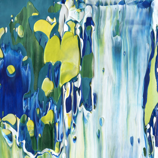 Big Bangs, Blue Lids E5 is an abstract oil-on-canvas artwork, a fractal of its parent painting Big Bangs, Blue Lids created by Anna Judd for the Scales Collection.