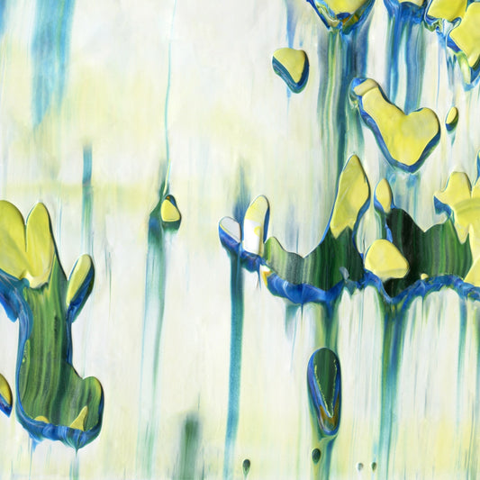 Big Bangs, Blue Lids F3 is an abstract oil-on-canvas artwork, a fractal of its parent painting Big Bangs, Blue Lids created by Anna Judd for the Scales Collection.