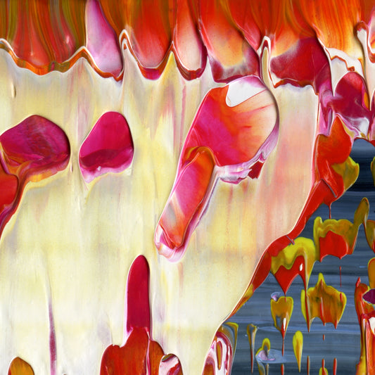 Flapjack Red Boot Dog Whistle A3 is an abstract oil-on-canvas artwork, a fractal of its parent painting Flapjack Red Boot Dog Whistle created by Anna Judd for the Scales Collection.