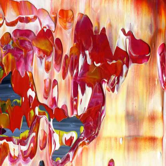 Flapjack Red Boot Dog Whistle A4 is an abstract oil-on-canvas artwork, a fractal of its parent painting Flapjack Red Boot Dog Whistle created by Anna Judd for the Scales Collection.