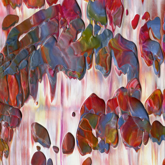 Flapjack Red Boot Dog Whistle C1 is an abstract oil-on-canvas artwork, a fractal of its parent painting Flapjack Red Boot Dog Whistle created by Anna Judd for the Scales Collection.